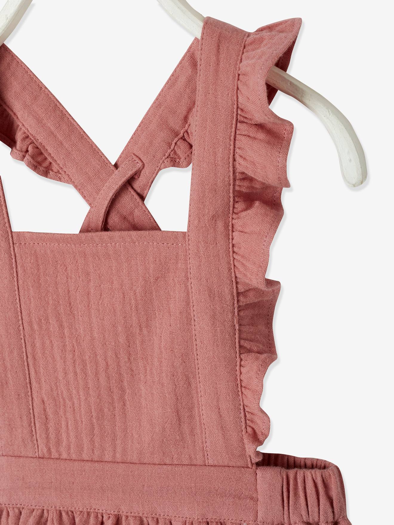Vestido macacão infantil de chiffon de algodão, rosa liso tamanho médio