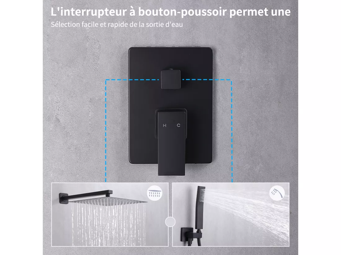 Colonne de Douche Encastrée Ensemble de Douche Mécanique avec Grande Tête de Douche Carrée 12