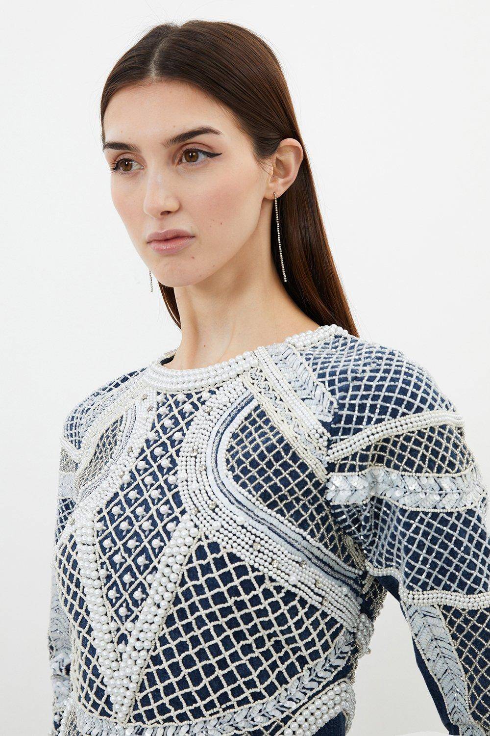 KarenMillen Robe Mini à Manches Longues ornée de perles