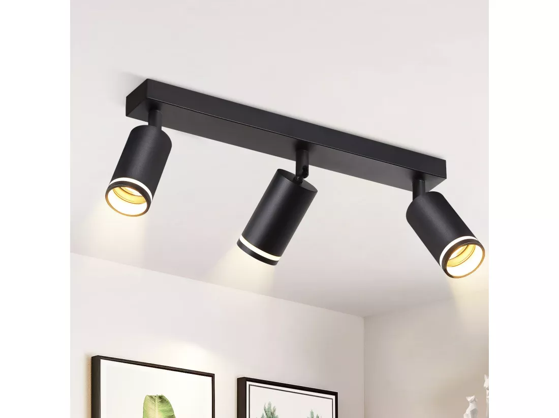 NETTLIFE Plafonnier LED 3 flamme - Noir Plafonnier GU10 Spot pivotant Applique murale en bois Spot mural pour salon chambre Sans ampoule