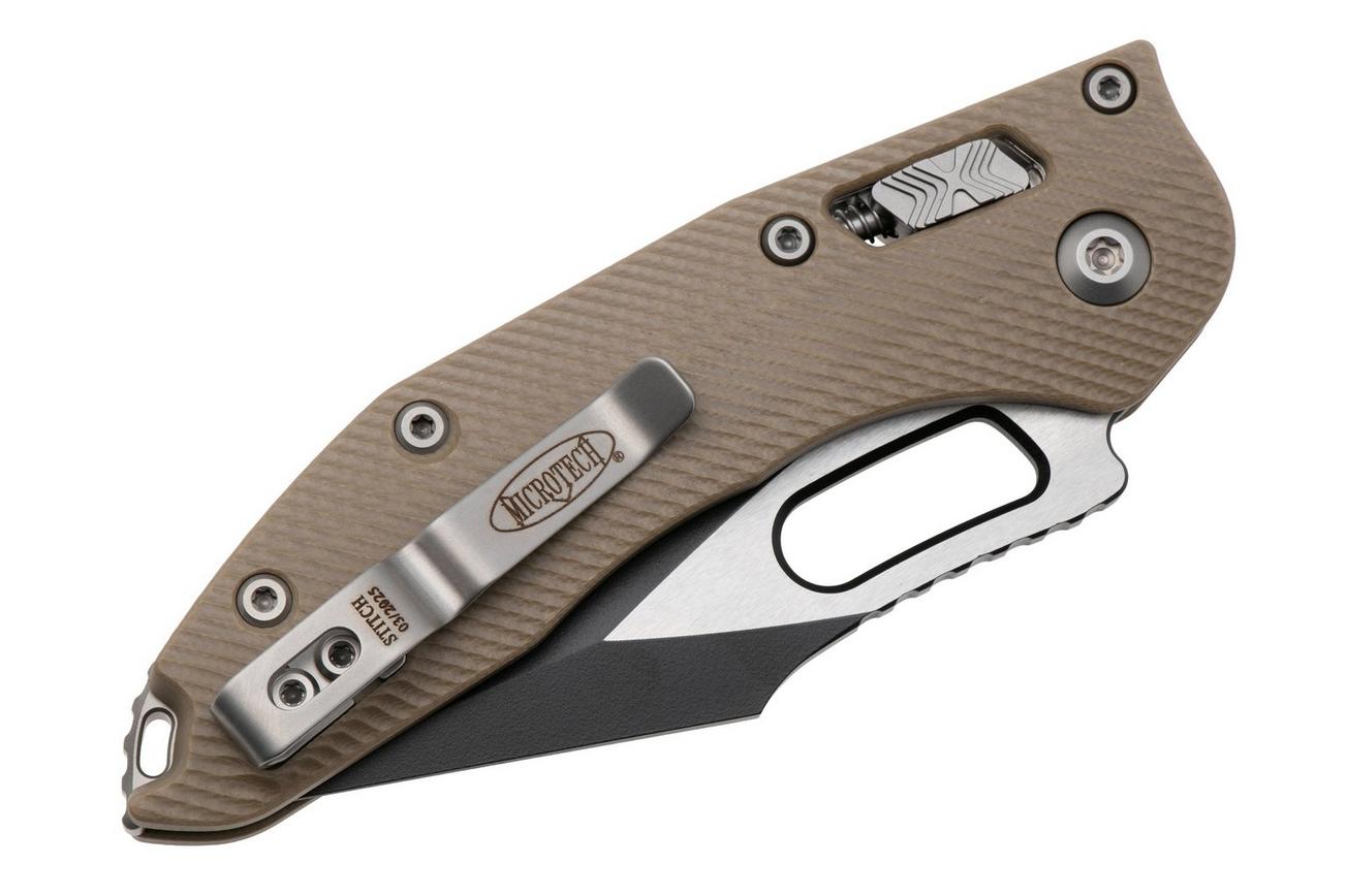 Microtech Stitch 169RL-1FLGTTA, Two Tone Black M390MK, Fluted Tan G-10 zakmes, Borka Blades design