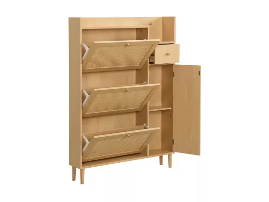 Meuble à chaussures en bois et rotin - 3 portes abattants et 1 tiroir - étagère réglable - Naturel