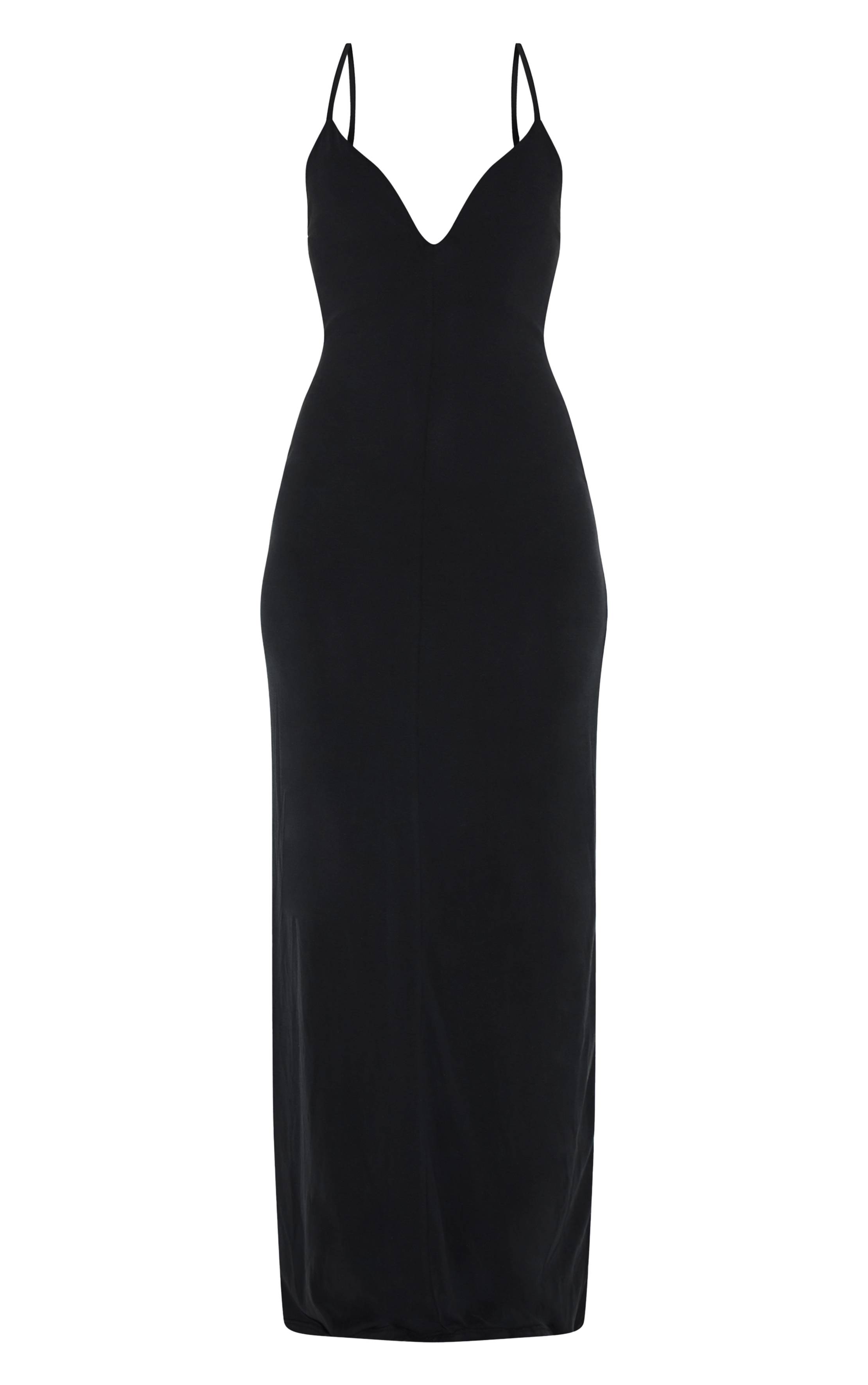 Noir Robe Longue Moulante Modale À Encolure En V Et Bretelles Fines