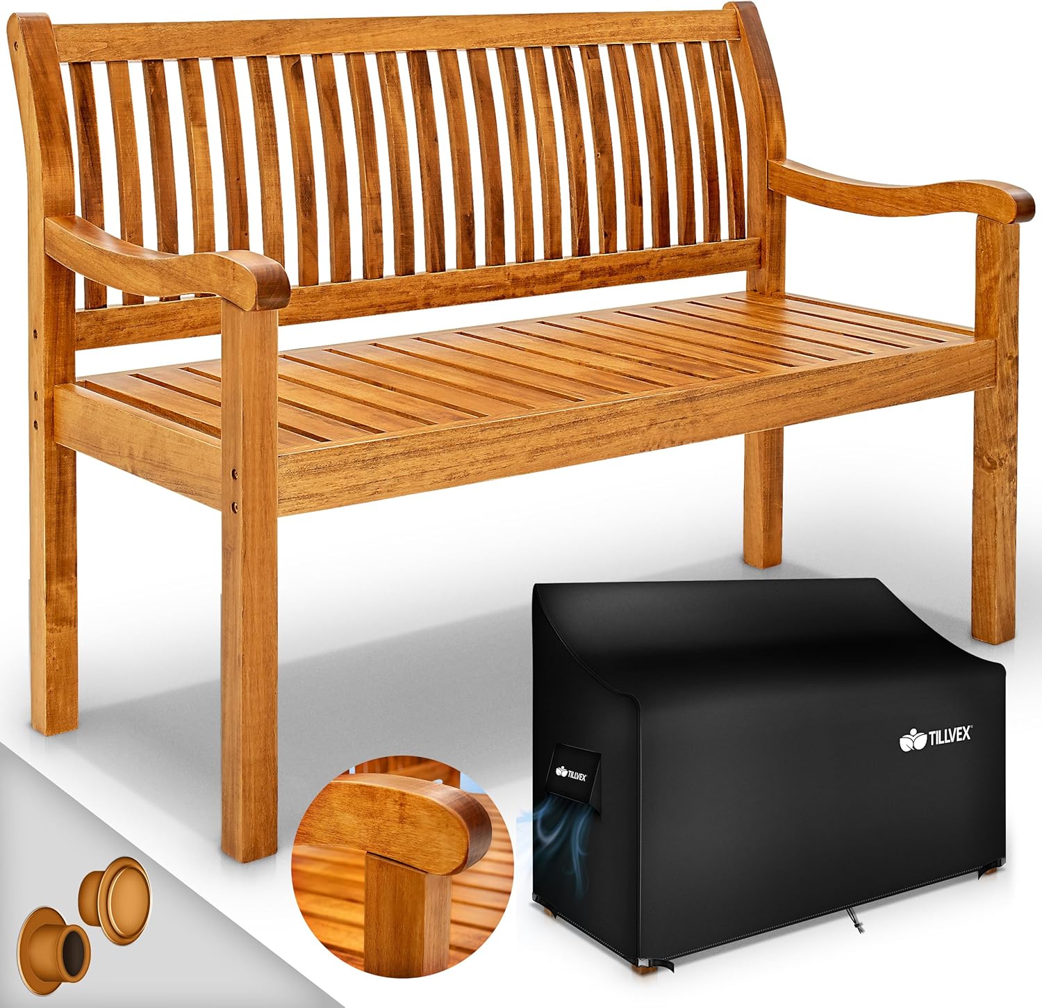 tillvex Gartenbank Holz 3-4 Sitzer inkl. Abdeckung wetterfest 150 cm | Parkbank Massivholz | Balkonbank Sitzbank 320 kg belastbar | Holzbank Gartenmöbel für Balkon, Terrasse & Garten