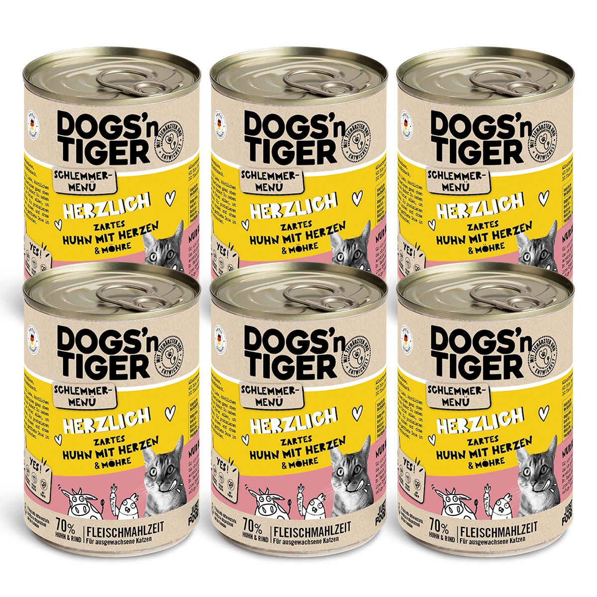 Dogs’n Tiger Adult, Katzenfutter, Herzlich, Nassfutter, Getreidefrei, Huhn, Rinderherzen & Karotte