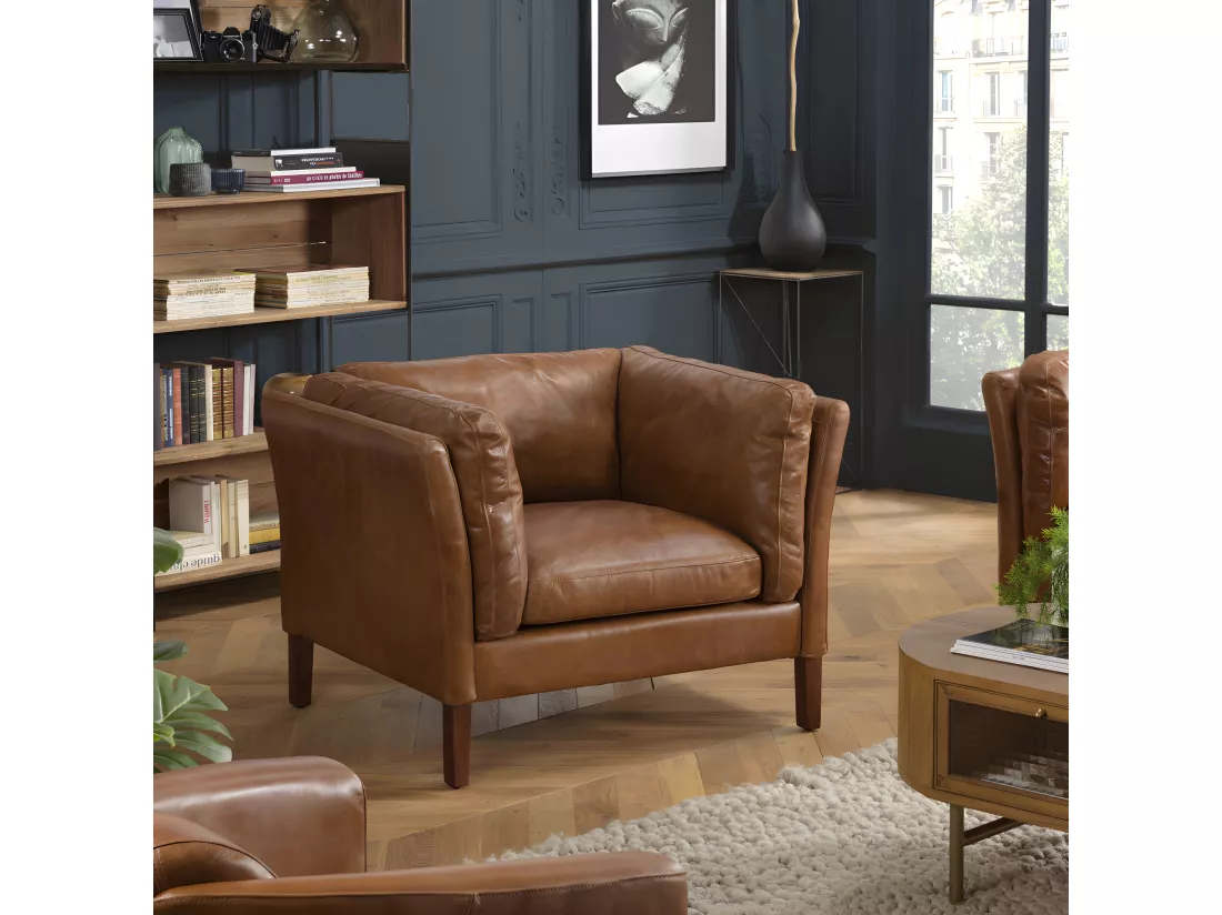 GASTON - Fauteuil marron MILANO vintage cuir 1 place pieds bois