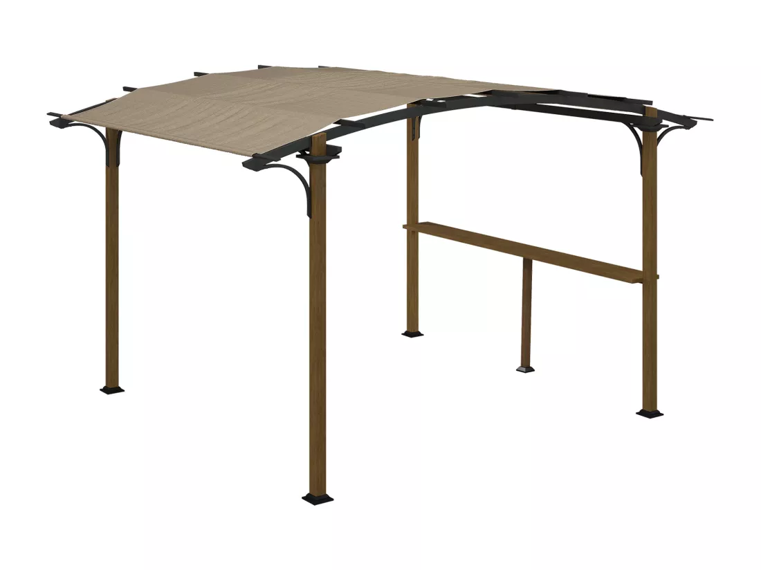 Pergola avec comptoir toit arche alu acier aspect bois noir toile grège