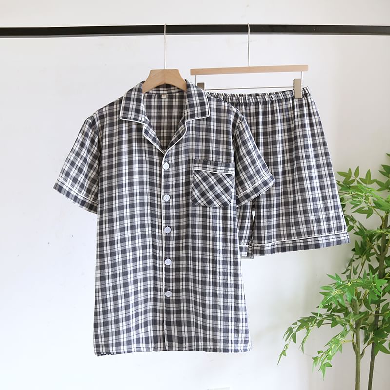 Dogini - Pyjamaset: geruit overhemd met korte mouwen + korte broek