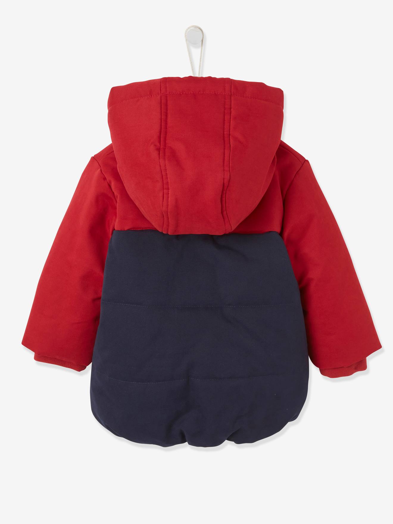Jaqueta acolchoada colorblock para bebê menino, lisa em vermelho escuro com estampas.