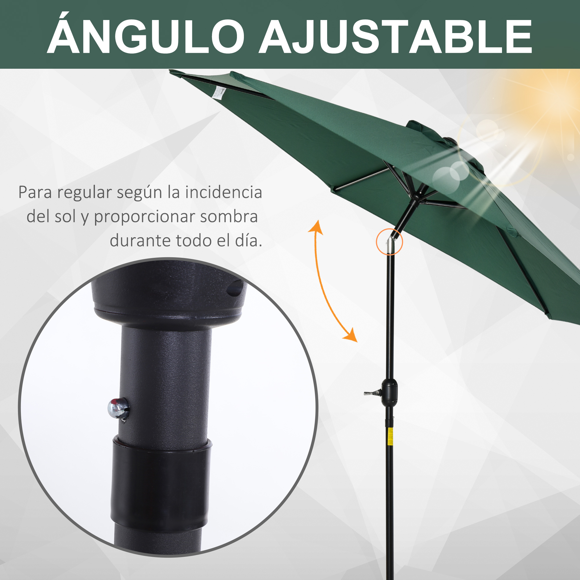 Guarda-sol de jardim Outsunny Ø260x235 cm em alumínio com cabo reclinável, manivela e 6 varetas para terraço e varanda, verde.