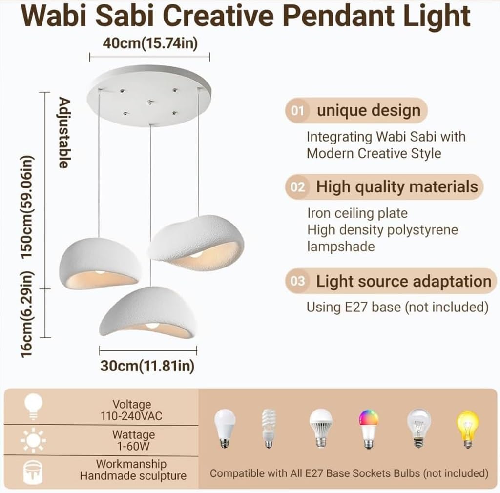Wabi Sabi Pendelleuchte E27 Moderne Hängeleuchte 3 Flammig Weiß Unregelmäßiges Design Höhenverstellbar Für Esstisch Wohnzimmer Esszimmer Schlafzimmer Küche Café Inselbeleuchtung Kronleuchter(A)