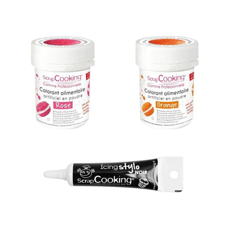 2 colorants alimentaires orange-rose + Stylo glaçage noir Scrapcooking