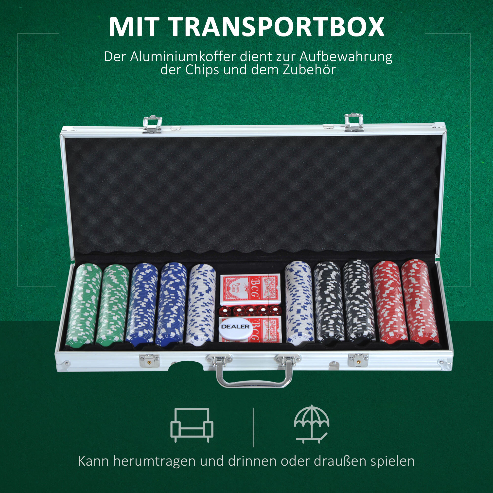 HOMCOM Pokerkoffer inklusive Pokerset silber 55.5 x 22 x 6.5 cm (LxBxH)