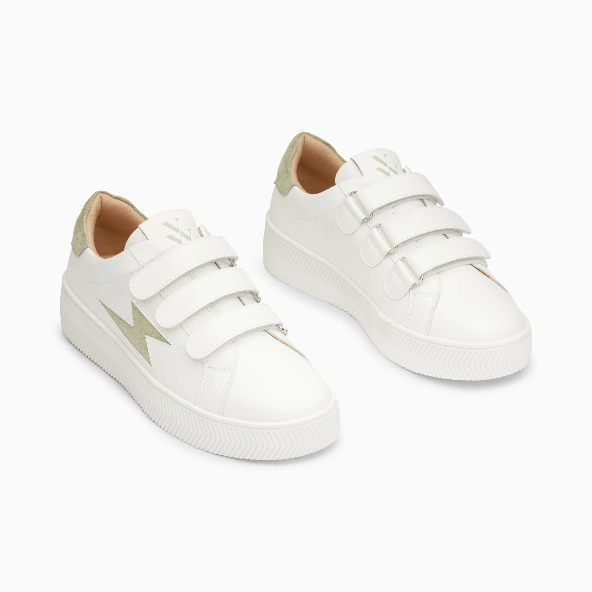 Sneakers-Baskets éclair Camelia blanc et vert amande à scratchs