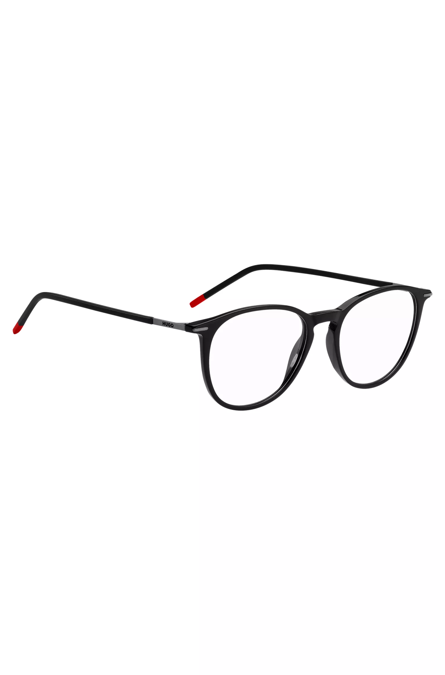 Armação de óculos HUGO em acetato vermelho com ponte dupla.