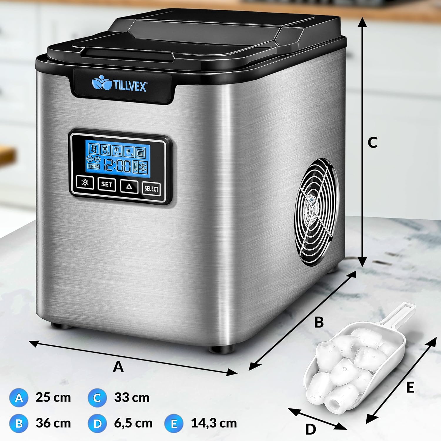 tillvex Eiswürfelmaschine Edelstahl 12 kg - 24 h | Eiswürfelbereiter mit Timer und 2,2 Liter Wassertank | Ice-Maker LCD-Display & Selbstreinigungsfunktion | 3 Eiswürfel Größen (Silber)
