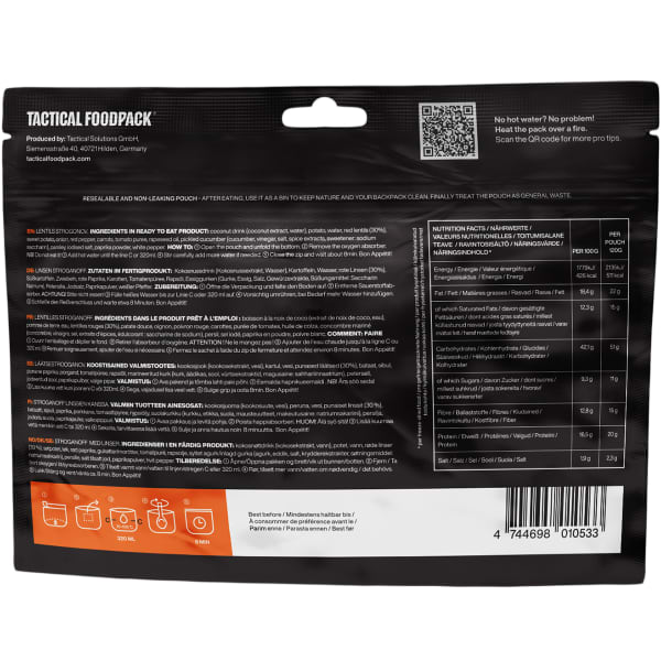 Repas lyophilisé TACTICAL FOODPACK LENTILS STROGANOV 120G UNI