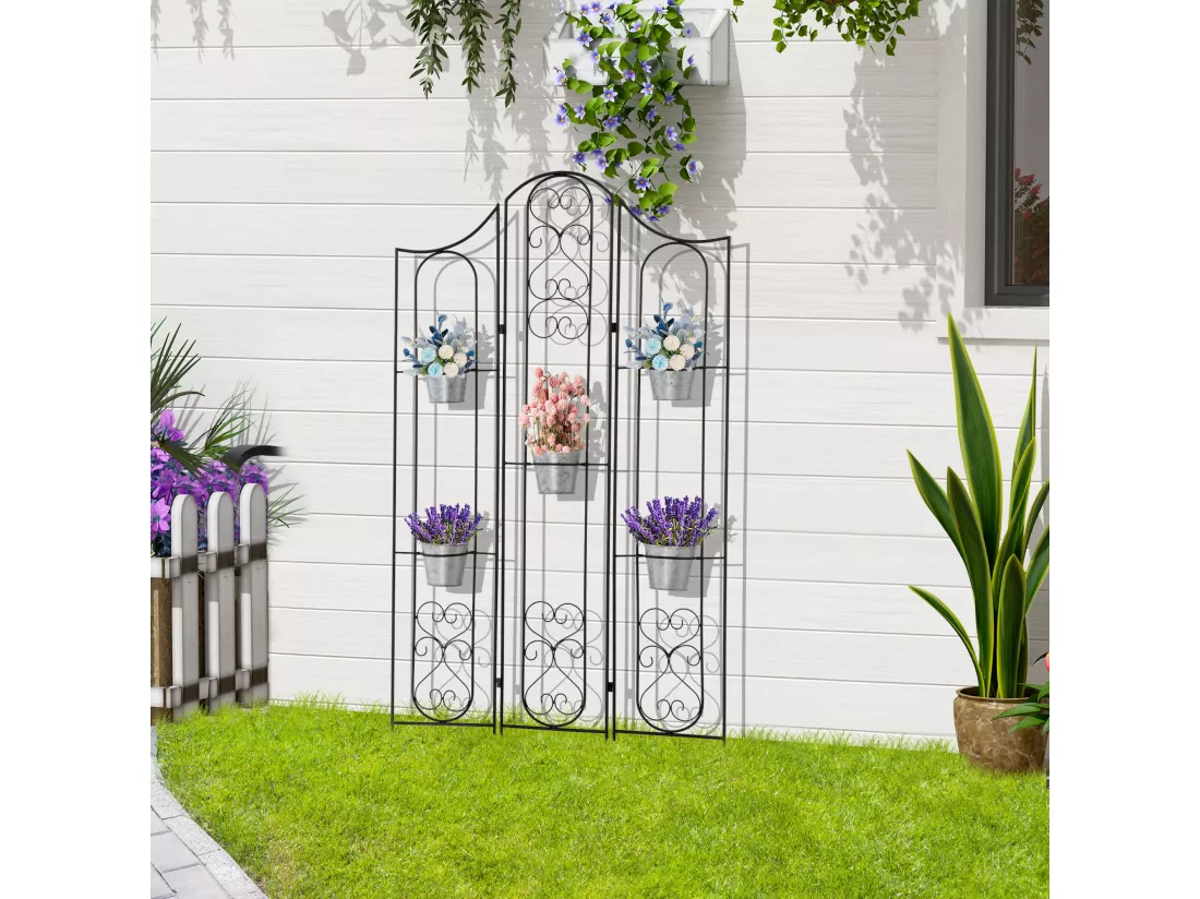 Étagère de pots de fleurs plantes en métal style fer forgé - support de plantes pliable métal à planter - 5 pots fleurs inclus