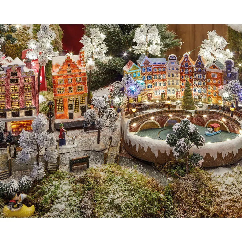 Lumineo kerstdorp - 4x st - 12 cm - met licht - lantaarnpalen