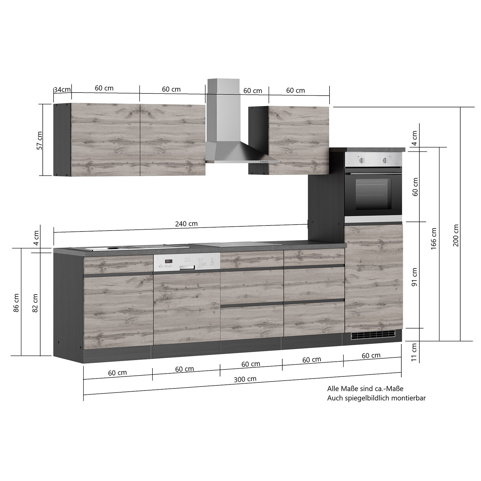 Küchenblock TURIN - Wotan Eiche-Graphit - mit E-Geräten - Induktionskochfeld - 300 cm