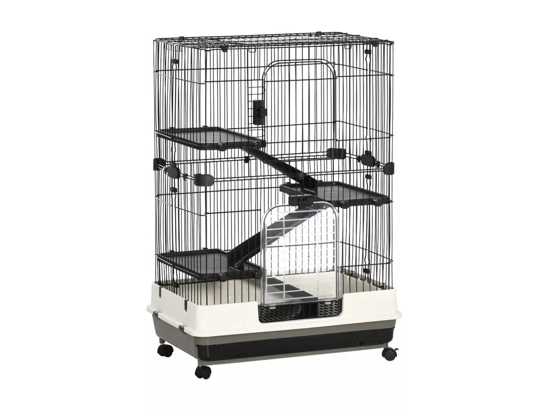 PawHut Cage pour cochons d'Inde chinchilla rongeur sur roulettes - 3 étages, rampes, 2 portes + trappe, plateau excrément amovible - métal PP noir gris