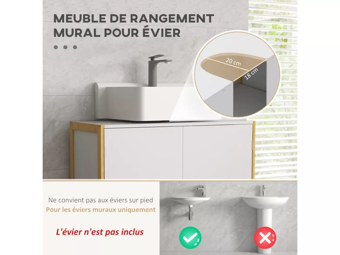 Meuble sous-vasque - 2 portes, étagère - châssis piètement bambou MDF blanc