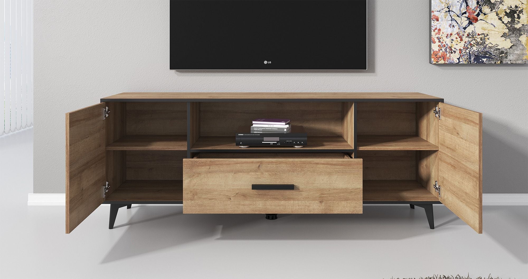 Meubella - TV-Meubel Frey - Licht eiken - Zwart - 179 cm