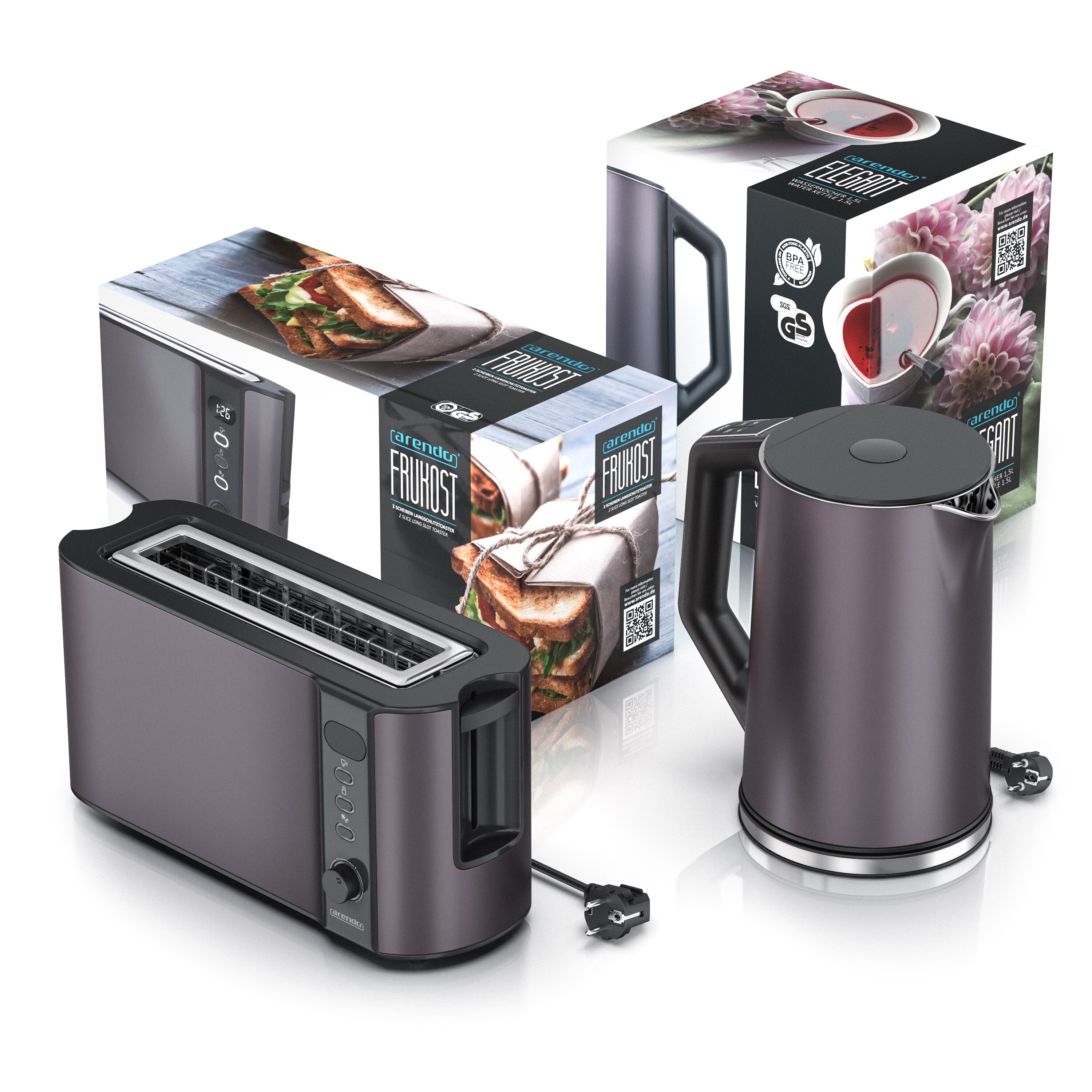 Arendo 2-teiliges Frühstücks-Set, 1,5L Edelstahl Wasserkocher, 2-Scheiben Langschlitz Toaster, Grau
