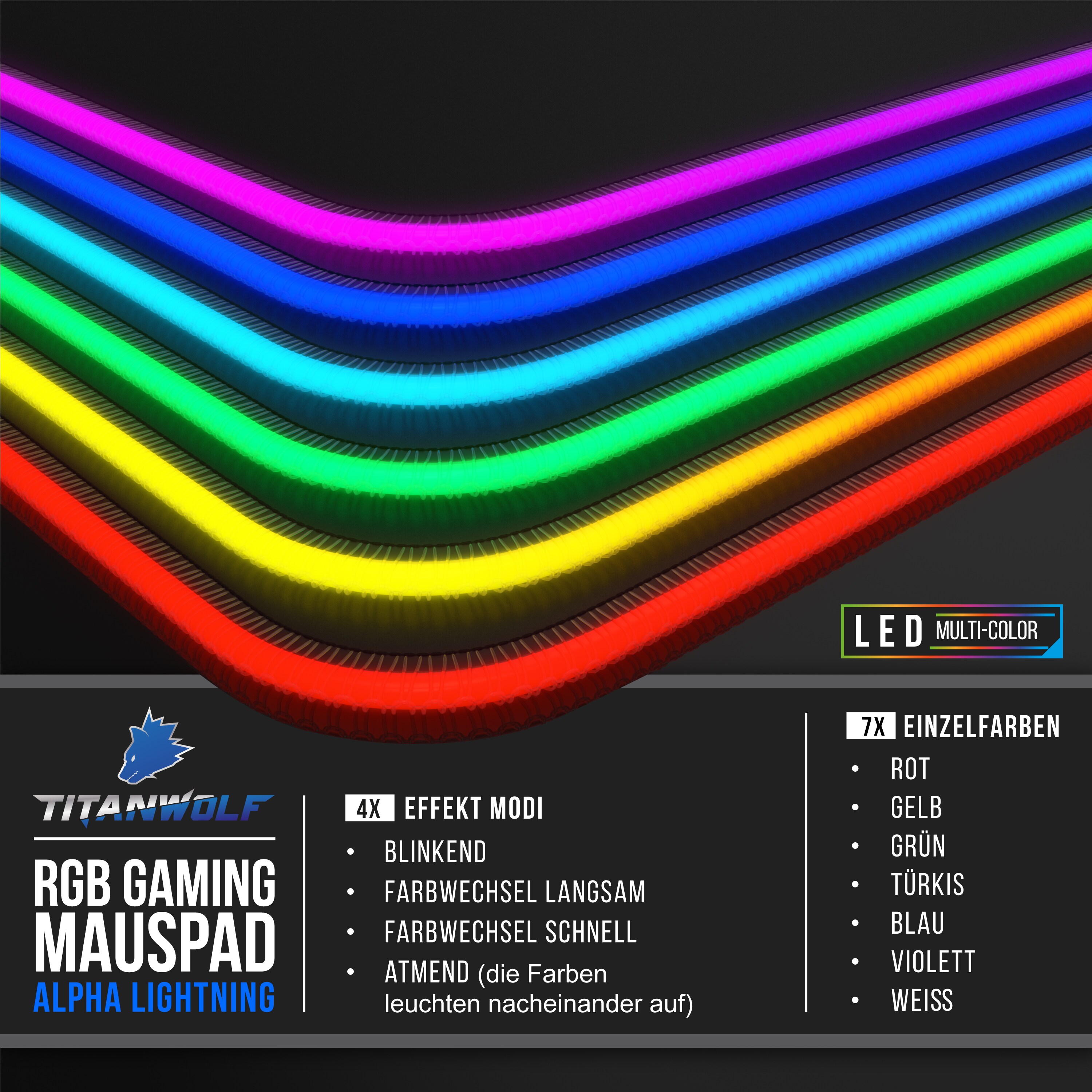 Titanwolf XXXL RGB Gaming Mauspad - 1200 x 600 mm - Mousepad - LED Multi Color - 7 LED Farben Plus 4 Effektmodi - für Präzision und Geschwindigkeit