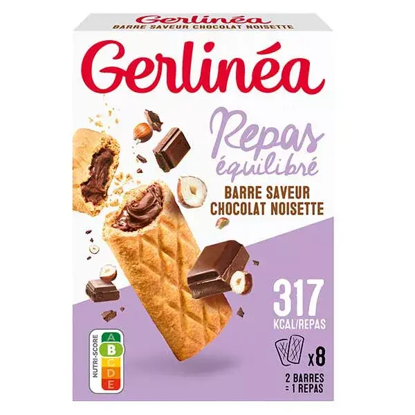 Barras de refeição Gerlinéa Slimming com recheio de chocolate e avelãs, 8 x 45g