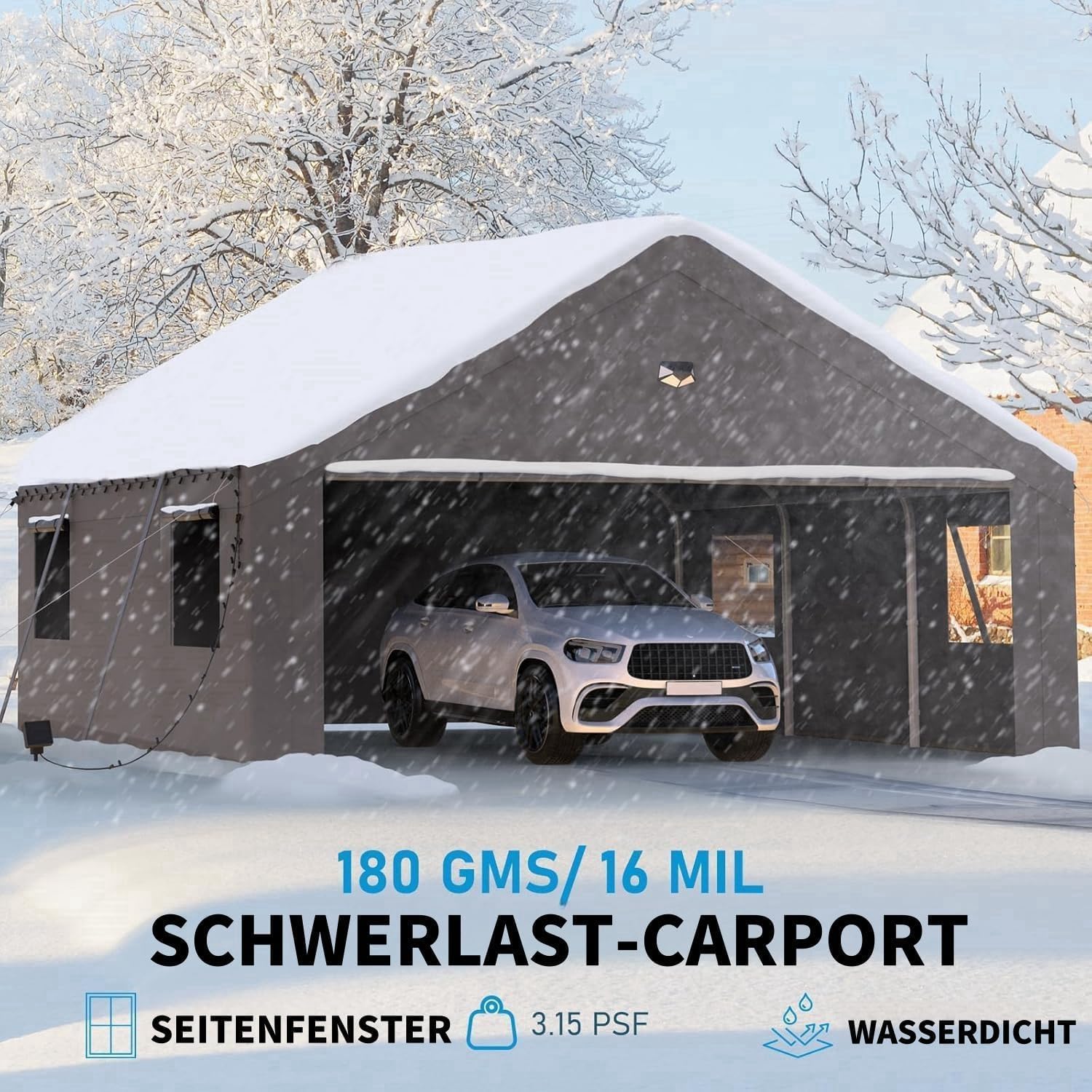 Carport Zeltgarage 4mx7.6m – Extra großes winterfestes Garagenzelt mit Rollfenstern für Auto SUV LKW Boote – Seitenwände und Dach abnehmbar – als Unterstand Lagerzelt oder Weidezelt