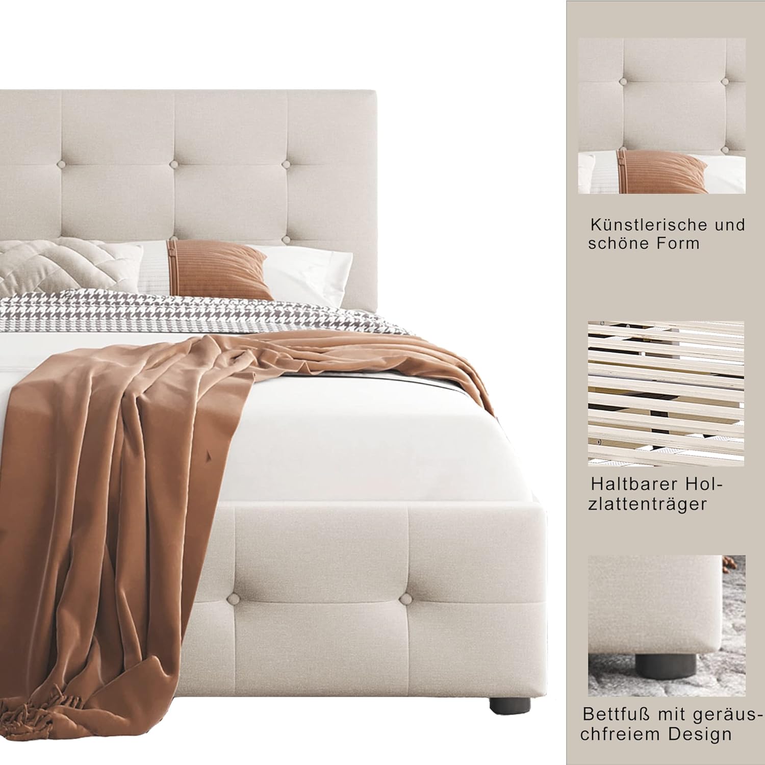 Polsterbett mit Lattenrost und Schubladen, 90x200 cm, Einzelbett mit höhenverstellbarem Kopfteil, Bezug aus Samt (beige)