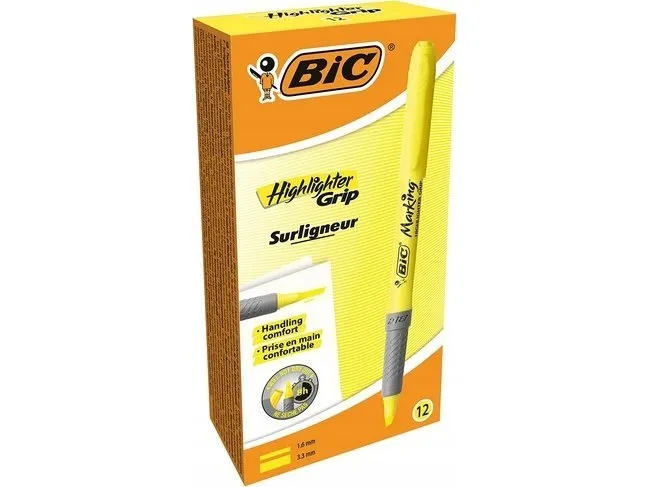 Overstregningspen BIC Highlighter Grip gul med skrå spids - (12 stk.)
