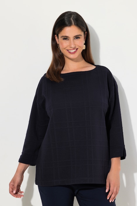Sweatshirt, Strukturkaro, U-Boot-Ausschnitt, 3/4-Arm