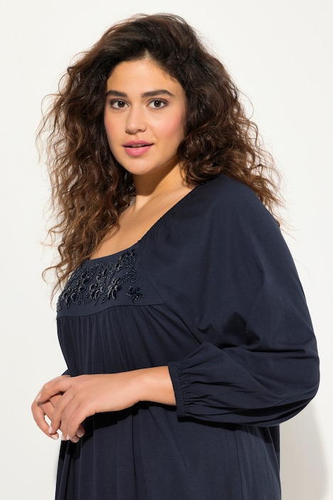 Tunika-Kleid, Ziersteine, Carree-Ausschnitt, Langarm