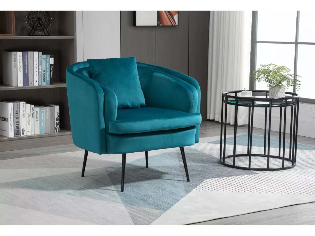 Fauteuil de salon en métal et velours bleu canard