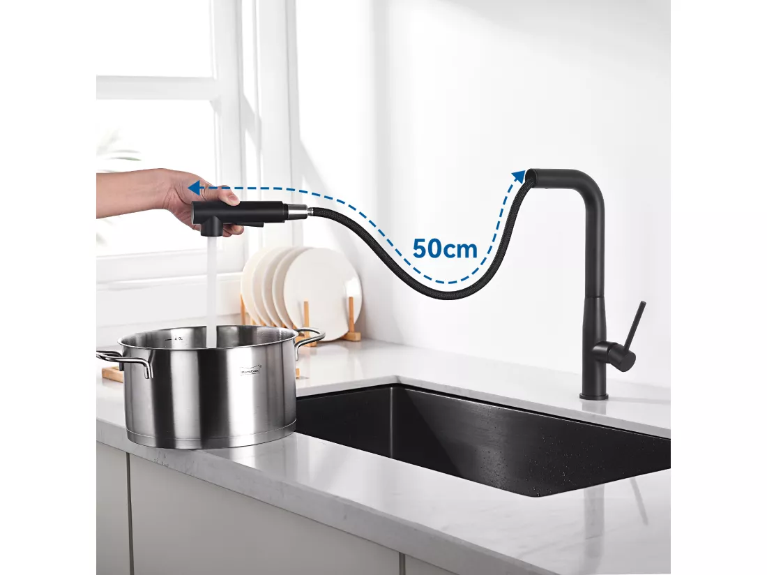 Auralum MAX Mitigeur Cuisine Noir avec douchette extractible,Inox,Mélangeur Évier 2 Modes Jets Eau Chaude/Froide,Robinet Télescopique pour Évier