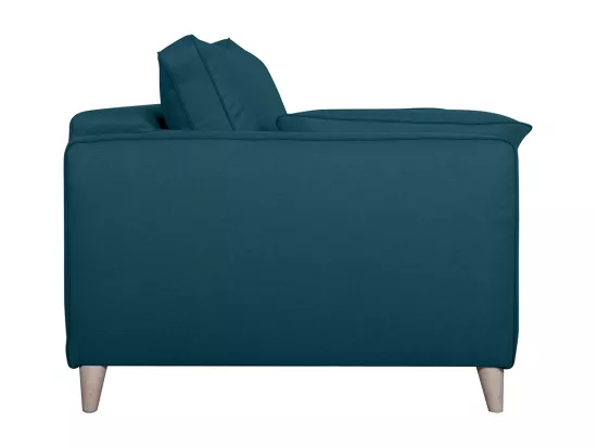 Canapé convertible scandinave 3 places en tissu bleu canard et bois clair avec matelas 10 cm PAPEL