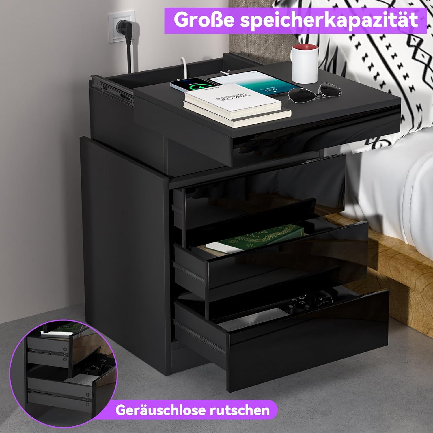 Nachttisch mit led, Nachtschrank mit Steckdose, 2 AC Steckdosen, 2 USB Anschlüsse, Einstellbare 16 Farben, 3 Schubladen, Beistelltisch Nachtschrank für Schlafzimmer Wohnzimmer 45x40x67cm