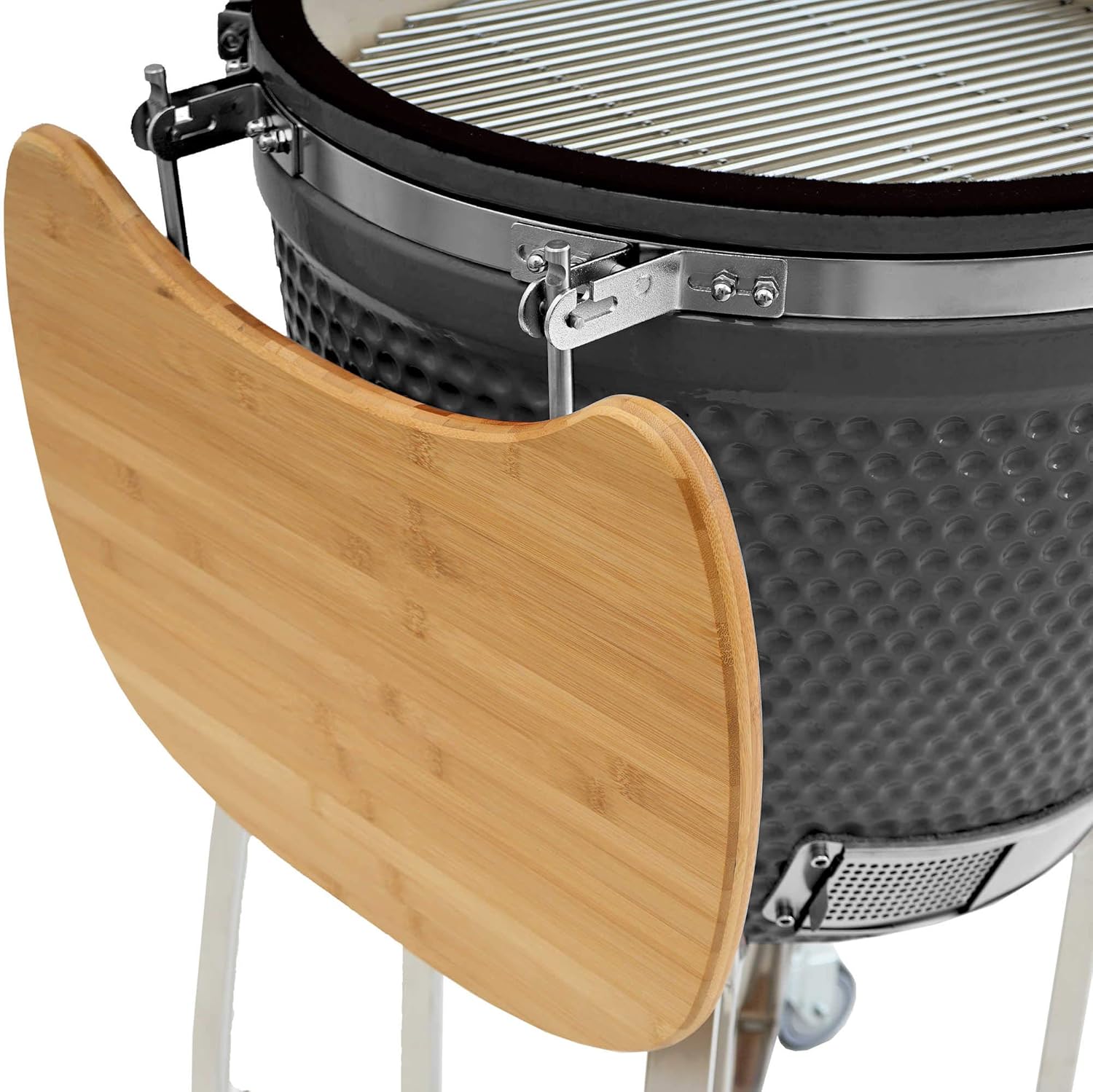 BBQ-Toro Kamado Grill Holzkohlegrill 'KURO' Ø 52 cm | Grau | Holzkohlegrill mit Bambusablage, Thermometer, Holzgriffen, Rollen | Keramikgrill rund, Ceramic Grill Ei, Grillofen, Kamado mit Ablage