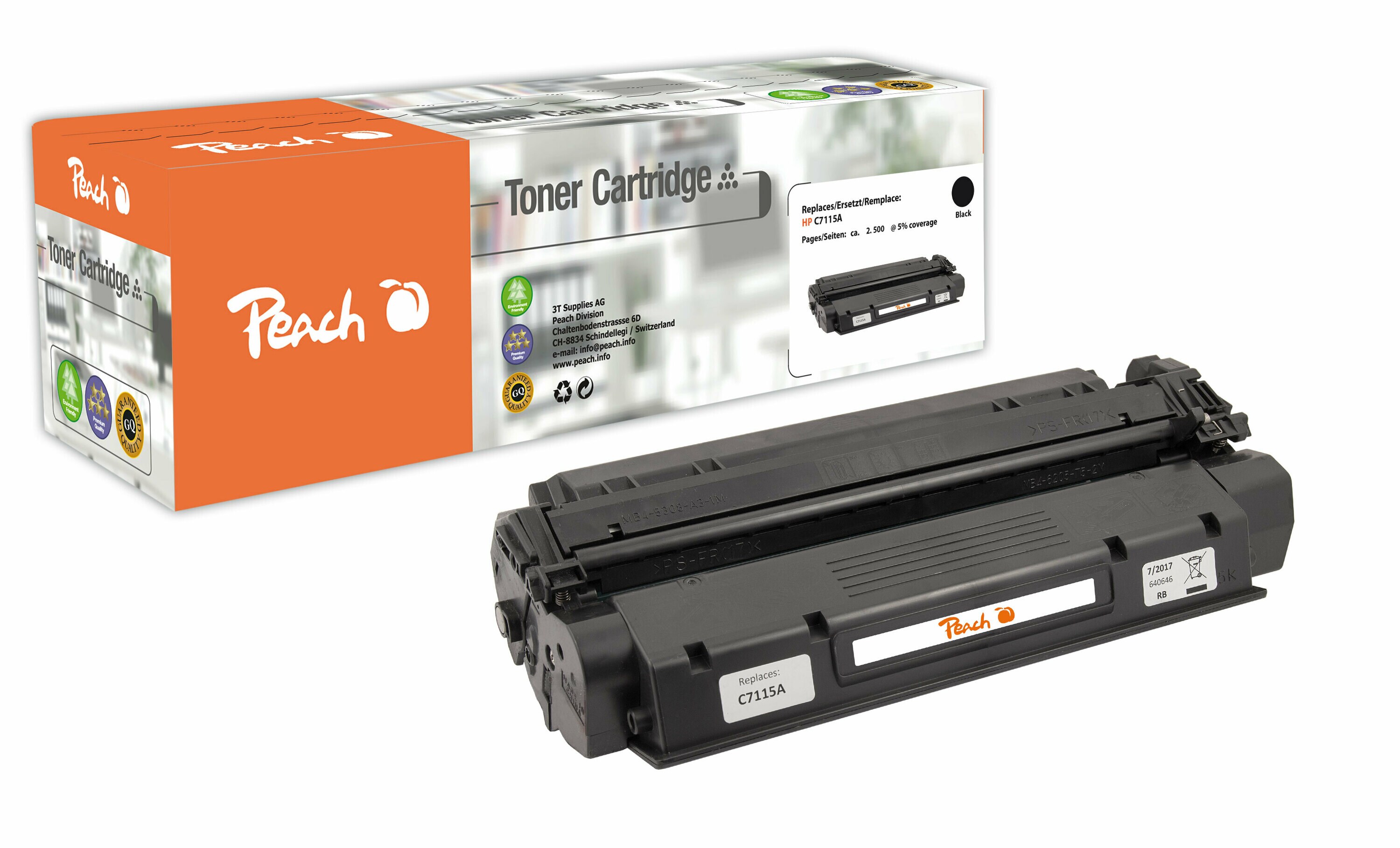 Peach HP 15 ABK Toner bk ersetzt HP No. 15A BK, E-25, C7115A für z.B. HP LaserJet 1000, HP LaserJet 1000 W, HP LaserJet 1005 W, HP LaserJet 1200 (wiederaufbereitet)