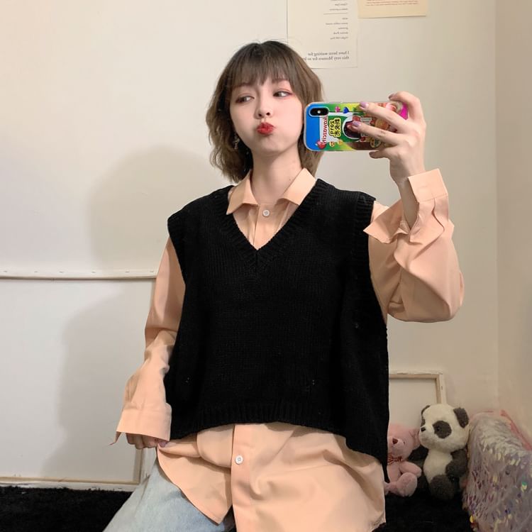 Sisyphi - Oversized gebreid vest / effen oversized shirt