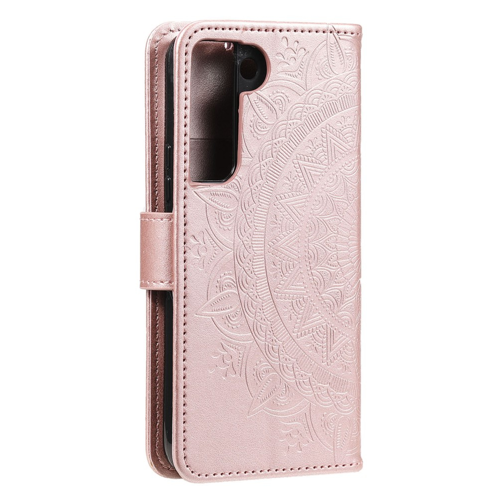 Samsung Galaxy S22 5G Leder Tasche Wallet - Mandala Flowers Imprint - Roségold