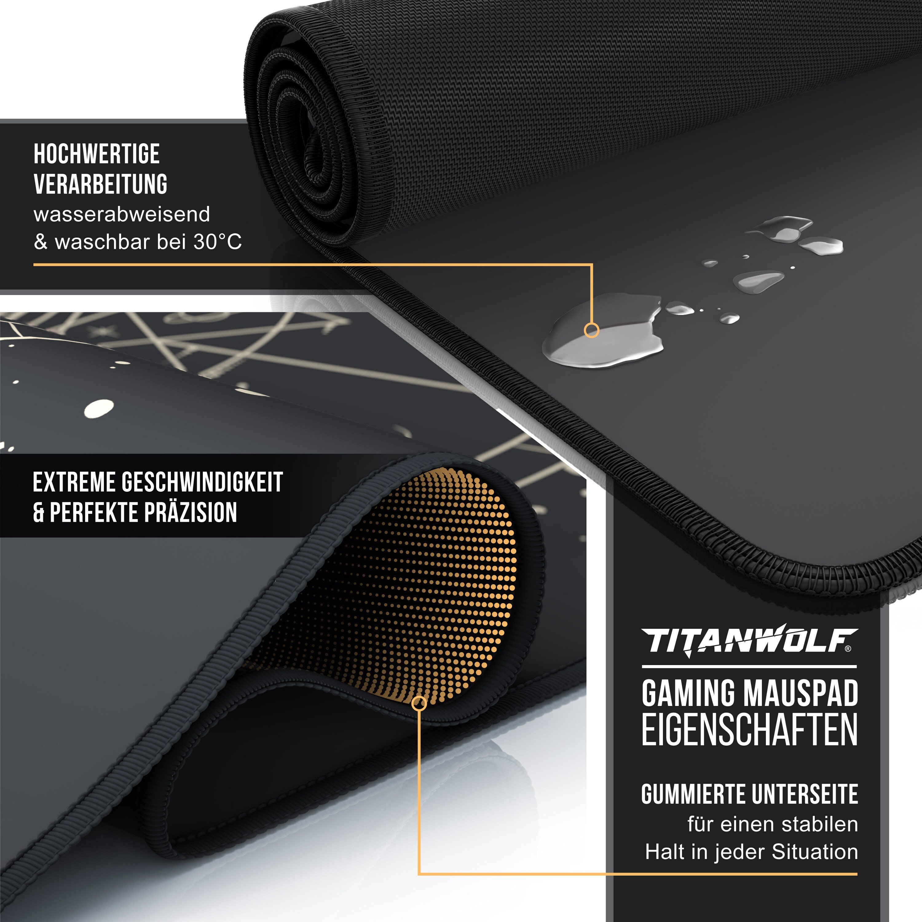 Titanwolf XXL Speed Gaming Mauspad Titanwolf Schwarz 900 x 400mm, XXL Mousepad, Tischunterlage Large Size, verbessert Präzision und Geschwindigkeit