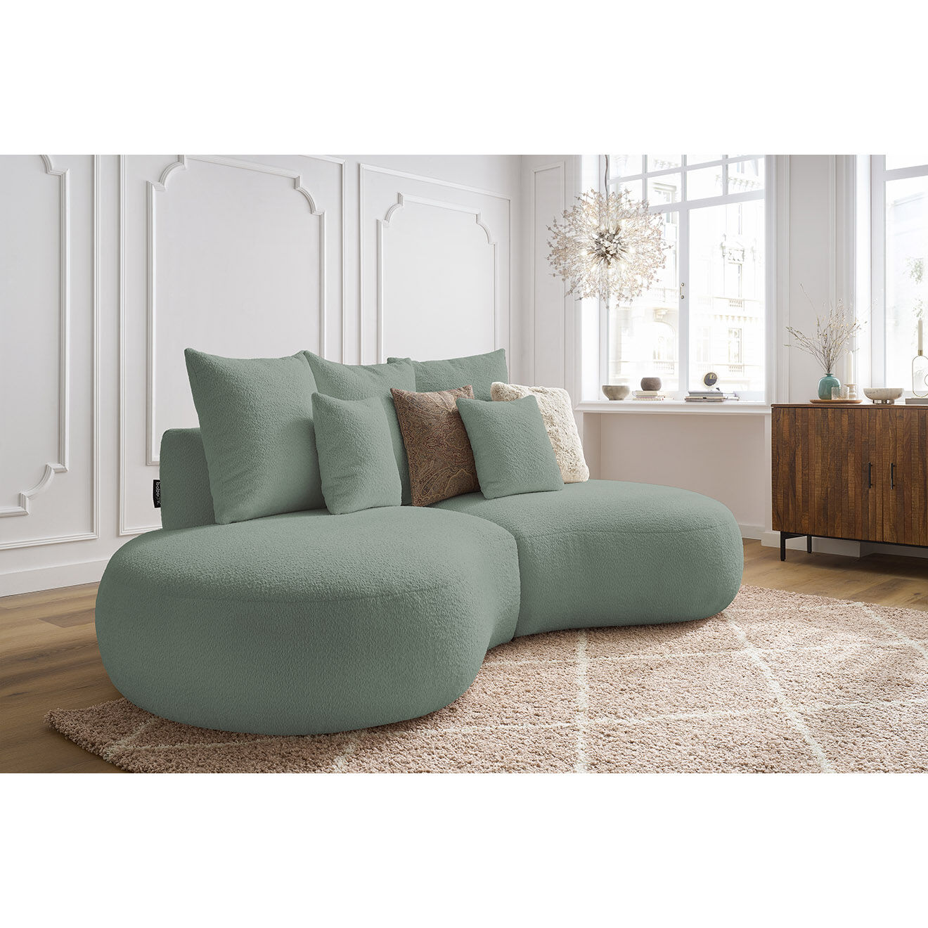 Bobochic Canapé droit fixe 3 places saint-germain tissu bouclette vert - 260x145x92 cm