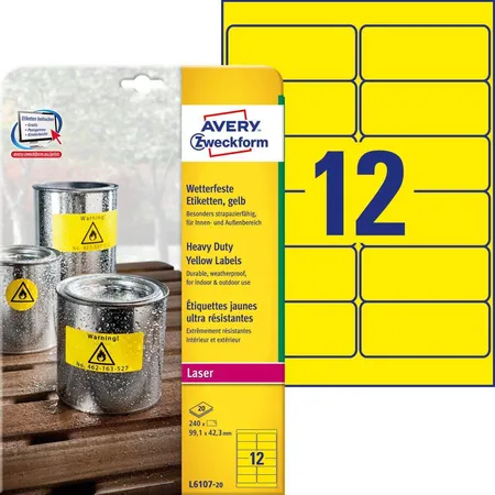 Avery Zweckform L6107-20 Wetterfeste Folien-Etiketten, 99,1 x 42,3 mm, 20 Bogen/240 Etiketten, gelb