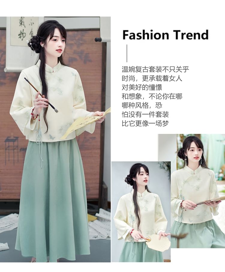 Fioridi - Hanfu-top met lange mouwen en bloemenprint en strik / Midi-A-lijn rok met hoge taille