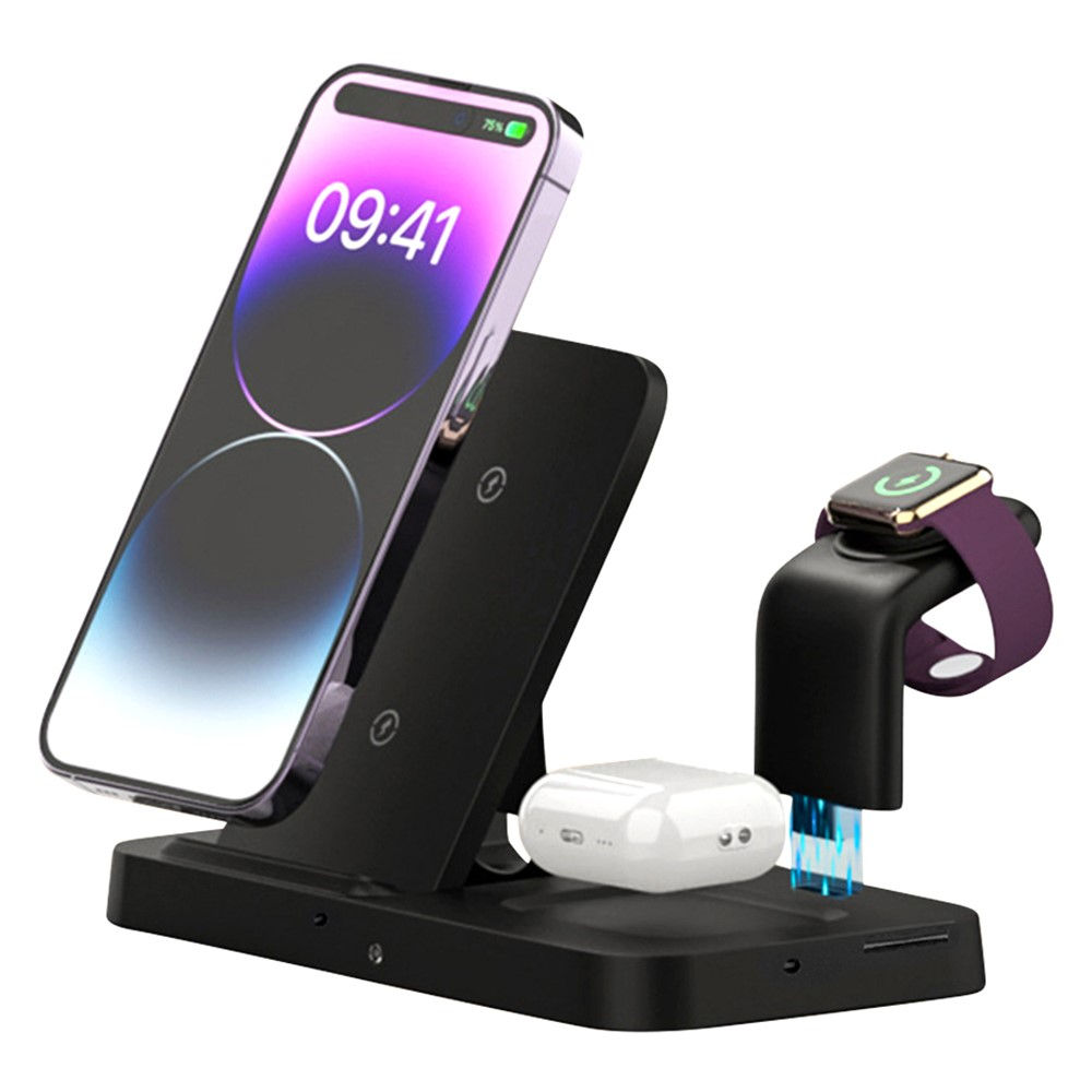 (15W) Smarte 3-in-1 iPhone / Apple Watch und AirPods Ladestation mit unsichtbarer 1080p Überwachungskamera   Micro SD Kartenslot - Schwarz