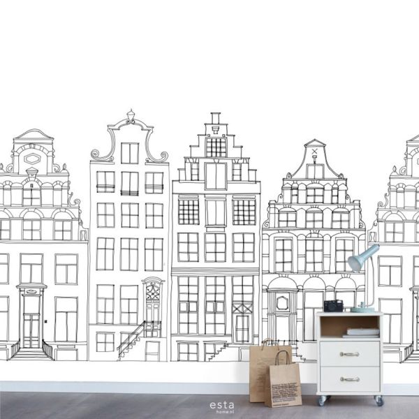Estahome Amsterdamse Grachtenhuizen Behang Zwart / Wit