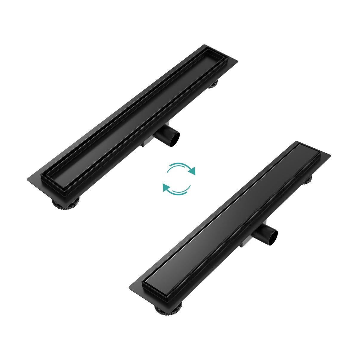 EMKE RVS doucheafvoer 2-in-1 complete set, 600 mm, betegelbaar, extra plat, zwart met haarzeef en sifon - Standaardmaat adapter 40/50 mm, installatiehoogte 77-96 mm, waterstroom 30 l/min.